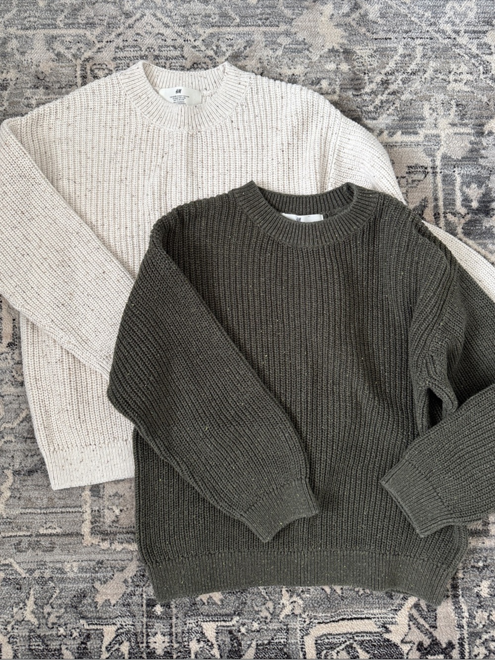 H&M Kids Crewneck Cotton Sweaters in Olive Green and Cream